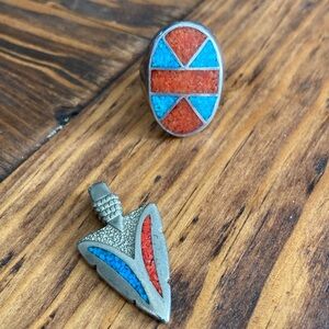Old Pawn Navajo Turquoise/Coral Ring and Arrowhead Pendant Set